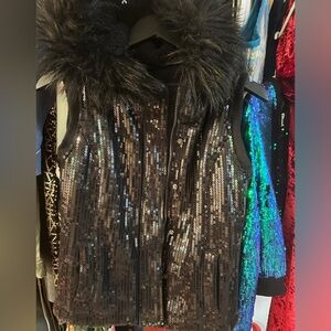{Festival Collection} Sequin Black Vest with Faux fur hood. Med.